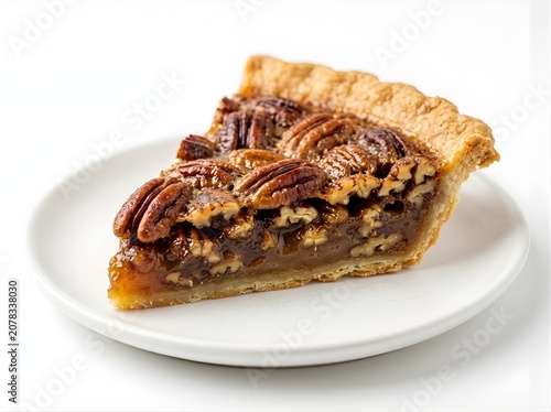 Slice of classic pecan pie on a small plate showcasing sticky caramel filling and crunchy nuts, holiday dessert tradition