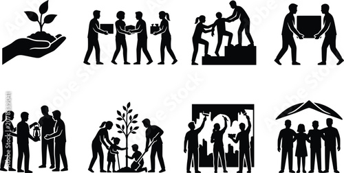 Obraz na plátně Black silhouette vector set of diverse people engaged in volunteering, community