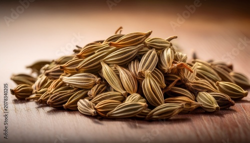 A Detailed Macro Photograph Showcasing A Small Pile Of Dried Fennel Seeds Resting On A Light Brown Textured Surface Highlighting Their Distinct Ribbed Pattern