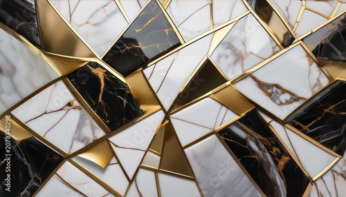 Abstract Composition Of Broken Marble Pieces Joined With Golden Accents Creating A Luxurious And Elegant Mosaic Design