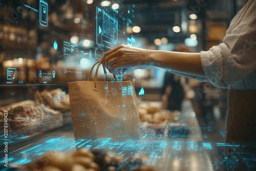 Digital Integration in Retail customer places goods into paper bag in brightly lit store, overlaid with futuristic holographic interfaces.