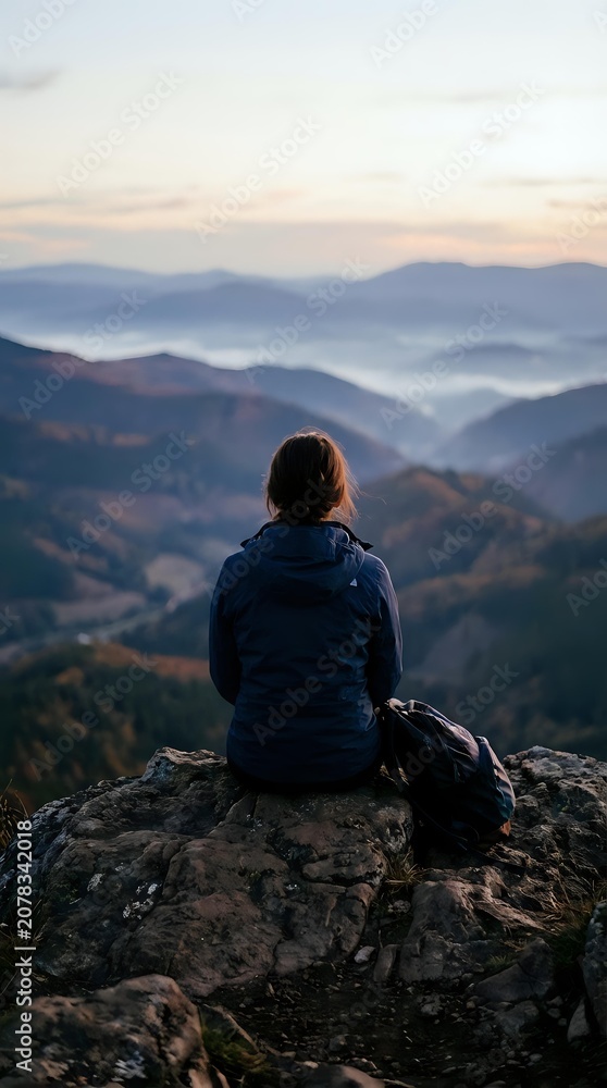 Fototapeta premium Woman with long reddish-brown hair wearing dark blue jacket sitting on rocky outcrop overlooking misty mountain valley at sunrise, contemplative travel and hiking concept.
