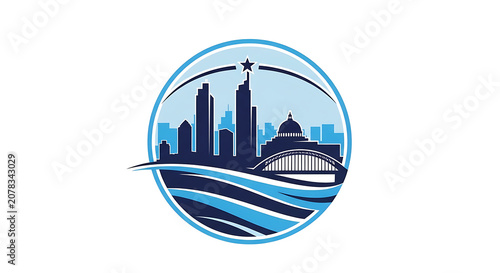 Circular City Skyline Vector Logo Emblem with Bridge and Waves in Blue Colors
