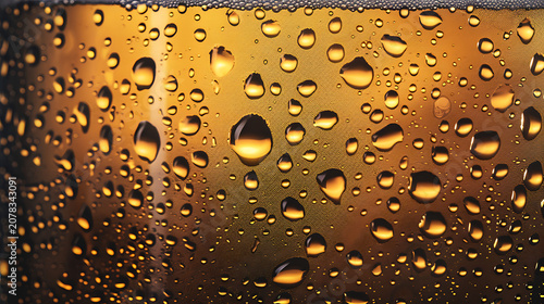 Extreme Macro Wide Texture of Frosty Amber Beer Condensation Drops with Golden Lighting for Thirst-quenching Beverage Ads, Packaging Backgrounds and Summer Cold Drink Promos