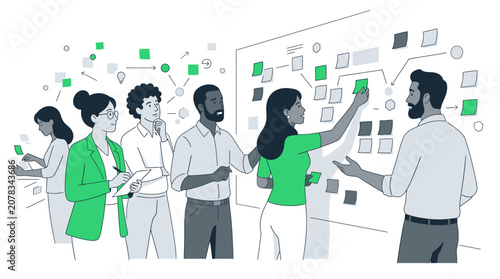 A dedicated group of professional employees gather together to share creative thoughts and organize strategic business plans on a large board while brainstorming effective new corporate growth