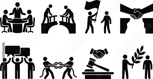 Foto Conflict resolution and mediation vector icon set featuring negotiation, teamwork, peace offering, and legal settlement symbols