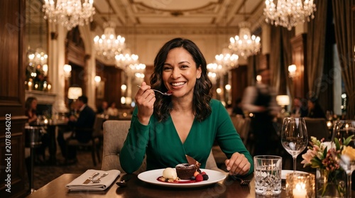 Happy woman enjoying dessert in elegant restaurant setting