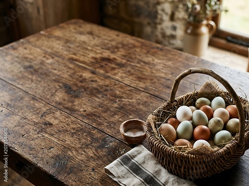 Basket of Fresh Farm Eggs on Rustic Wooden Table with Copy Space