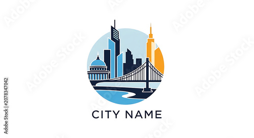 Modern urban city skyline emblem with skyscrapers bridge and circular design for corporate identity
