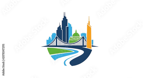 Modern Urban Cityscape Skyline Silhouette with Architectural Buildings and Flowing River Abstract Graphic Design Element for Professional Branding