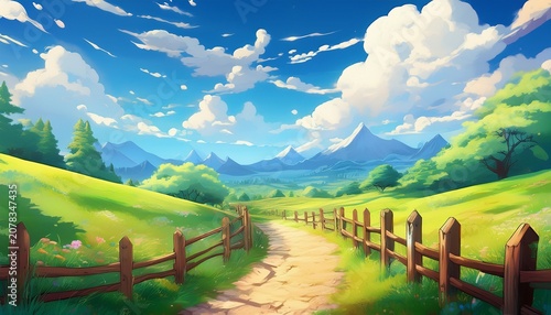 Spring Meadow Path With Wooden Fence Fluffy Clouds And Mountains Easter Themed Anime Landscape Vibrant Green Pasture Scenery Background