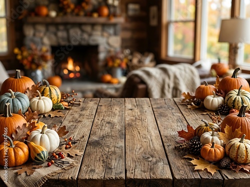Cozy Autumn Scene with Pumpkins on a Rustic Wooden Table and Fireplace Background
