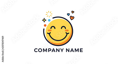 Positive yellow smiley face icon with sparkles and hearts for brand mascot or logo design