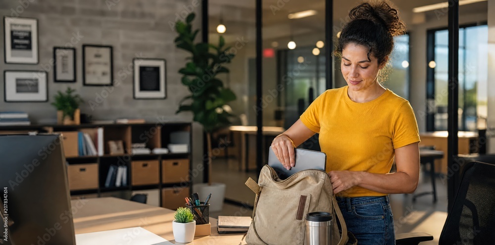 Fototapeta premium Generative AI, Young Latina woman packing laptop into backpack at modern office