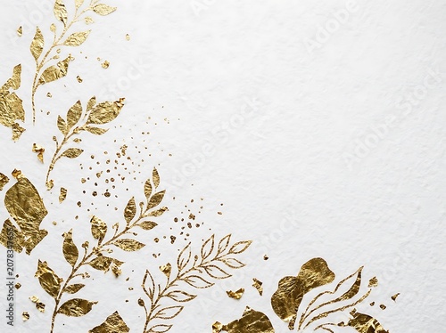 Elegant gold foil leaves and botanical patterns on white textured paper background