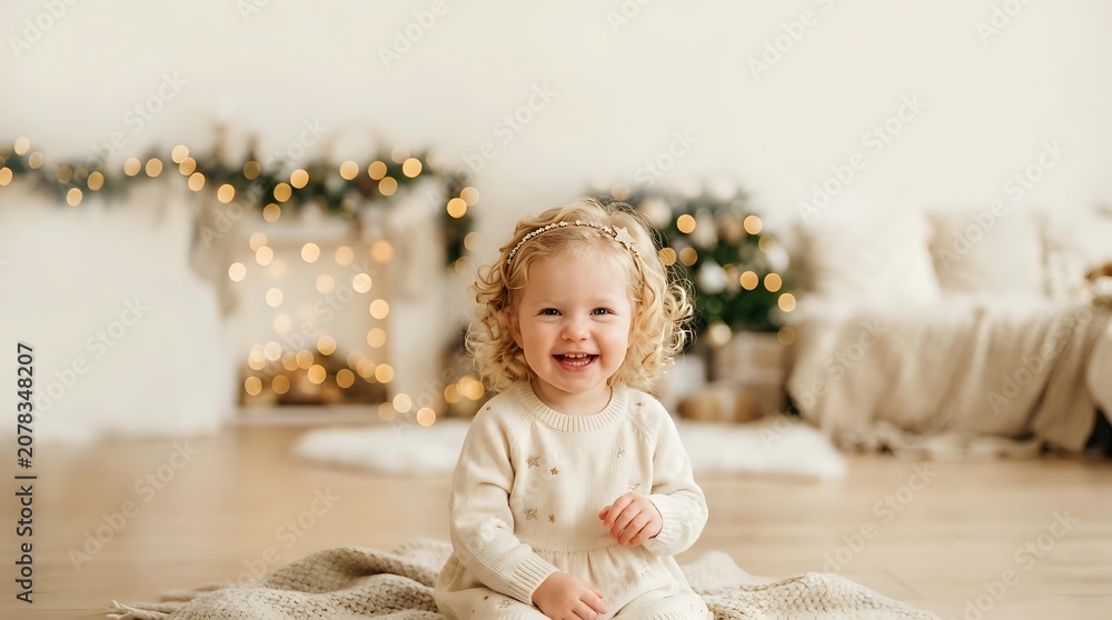 Fototapeta premium Toddler girl with curly blonde hair, approximately 1-2 years old, wearing cream-colored clothing, sitting on wooden floor with festive garland and bokeh lights in background for holiday portraits.