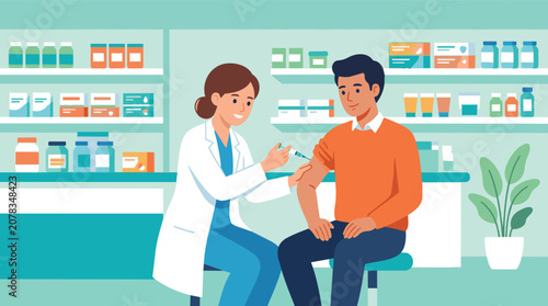 Tableau sur toile Pharmacist administering injection to patient in pharmacy