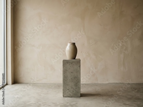 Minimalist ceramic vase on a concrete pedestal in a modern neutral interior
