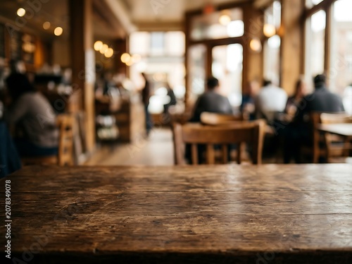Rustic empty wooden table top with blurred coffee shop cafe interior background