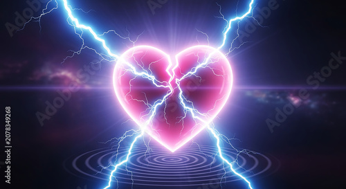 Abstract glowing neon pink heart with crackling electric blue lightning bolts in a dark cosmic space landscape