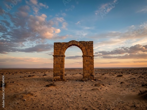 Solitary Ancient Stone Arch in a Vast Desert at Sunset