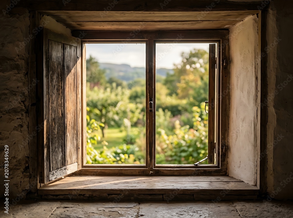 Fototapeta premium View through an open rustic wooden window to a lush sunny garden