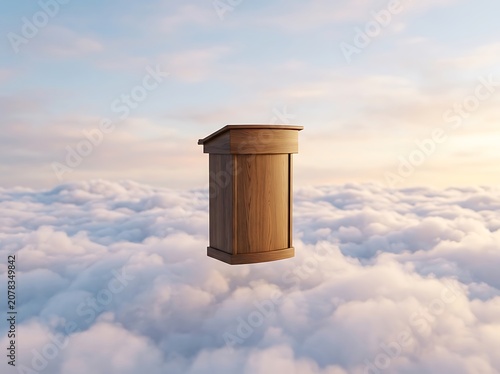 Wooden podium floating above the clouds at sunset