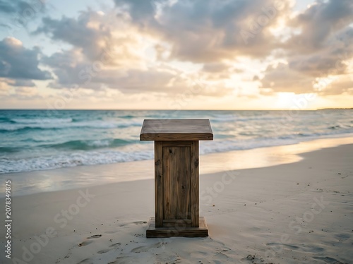 Wooden podium on a sandy beach at sunset with ocean background
