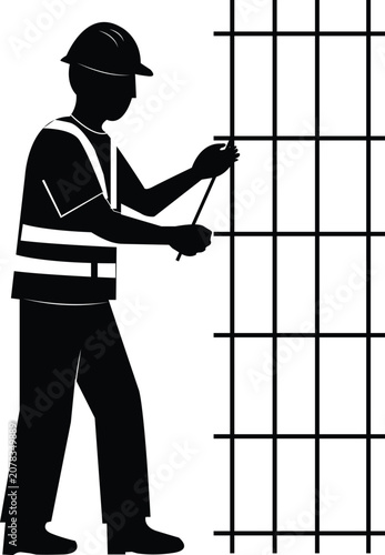 Fotografi Professional steel fixer tying metal rebar mesh for concrete reinforcement, isol