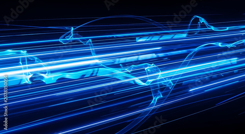 Abstract Blue Light Trails Moving at High Speed Representing Digital Data Flow and Technological Connectivity