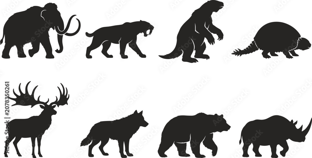 Obraz premium Prehistoric Animal Silhouette Collection Featuring Woolly Mammoth Saber Tooth Cat Giant Sloth and Rhino
