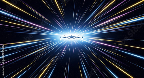 Futuristic spaceship hyperspace travel through colorful light speed tunnel, abstract digital art