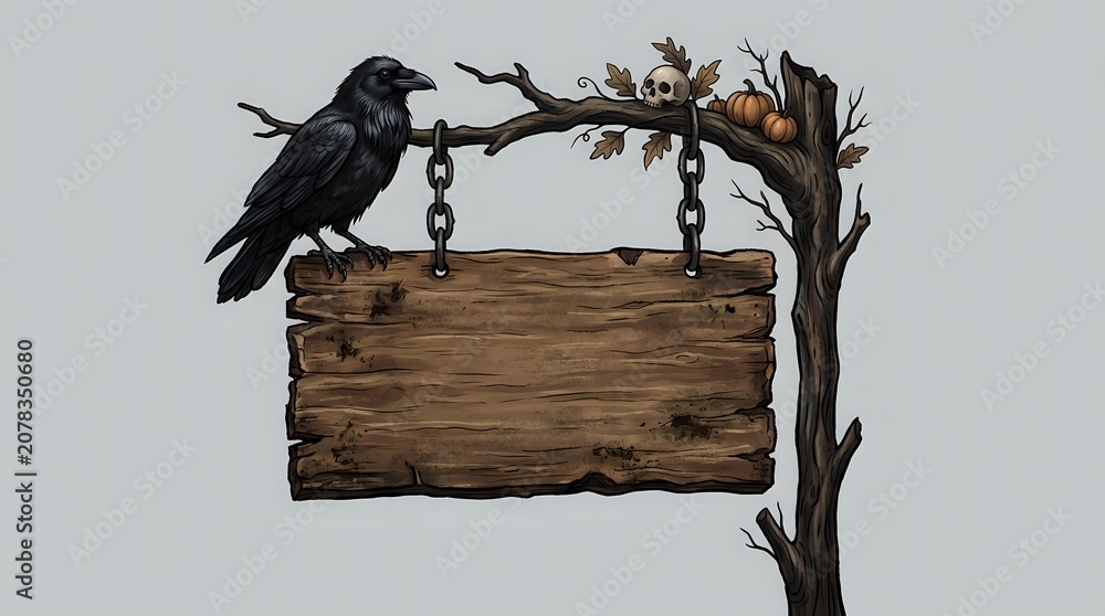 Naklejka premium Dark crow perched on gnarled branch holding wooden sign suspended by chains, isolated on neutral background for design projects and creative compositions.