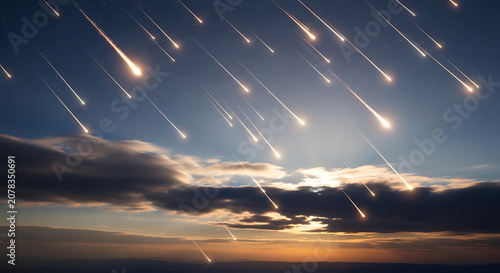 A dramatic and spectacular meteor shower streaks across the twilight sky, creating an awe-inspiring celestial display of burning objects against the horizon