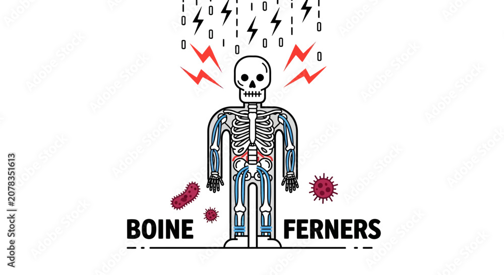 Obraz premium Human skeleton with binary code and virus symbols vector illustration
