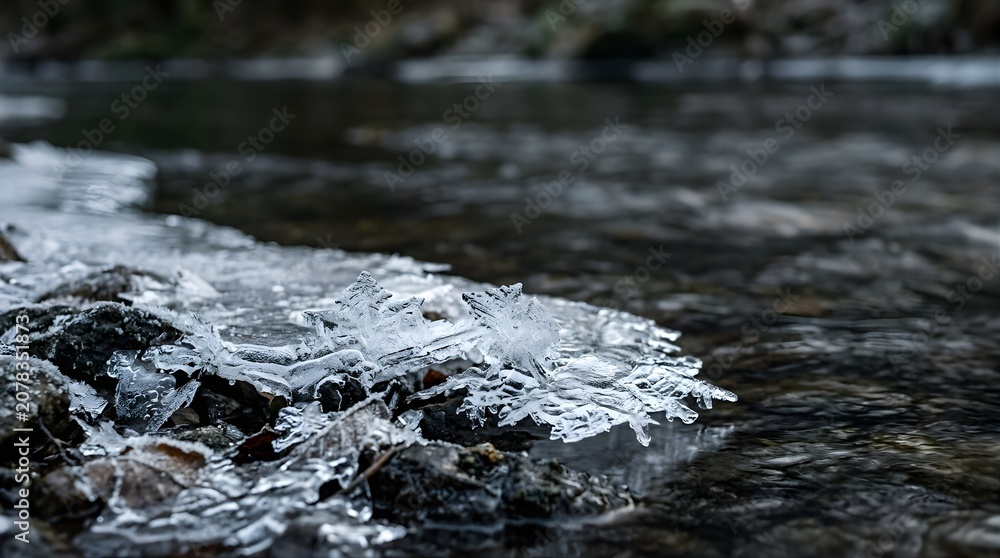 Fototapeta premium Sharp ice crystals forming on river bank rocks in a cold winter forest