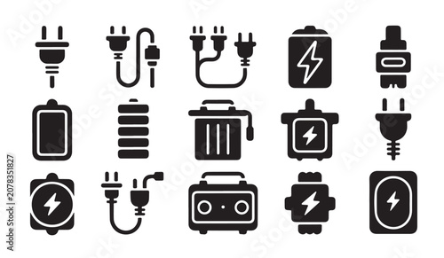 Tableau sur toile Electric power supply and charging icon set with battery capacity and connector cable