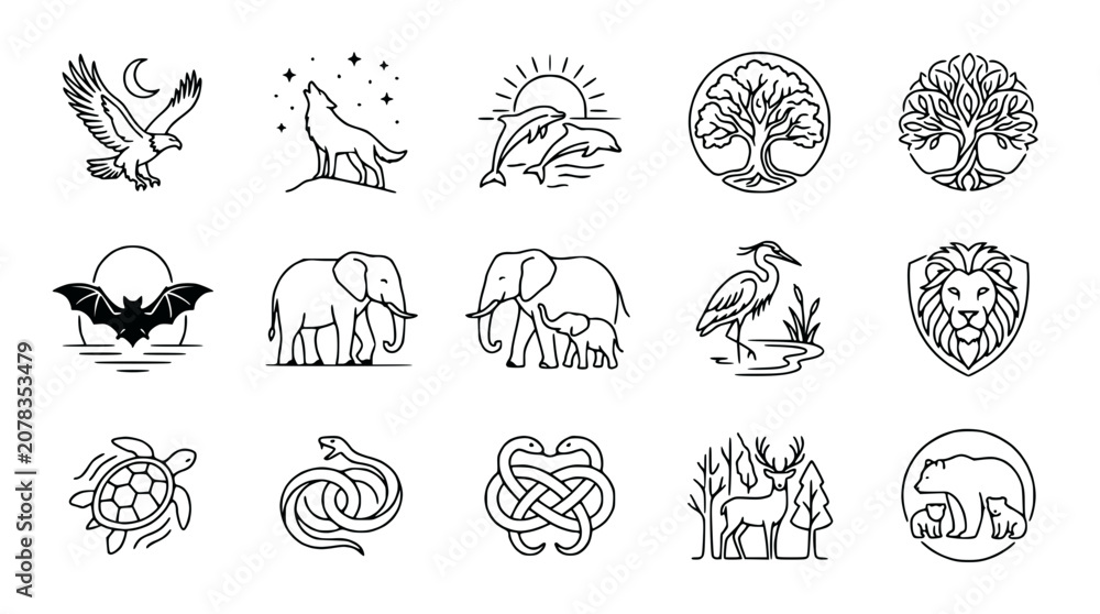 Obraz premium Collection of Minimalist Animal Icons and Nature Symbols - Vector Art