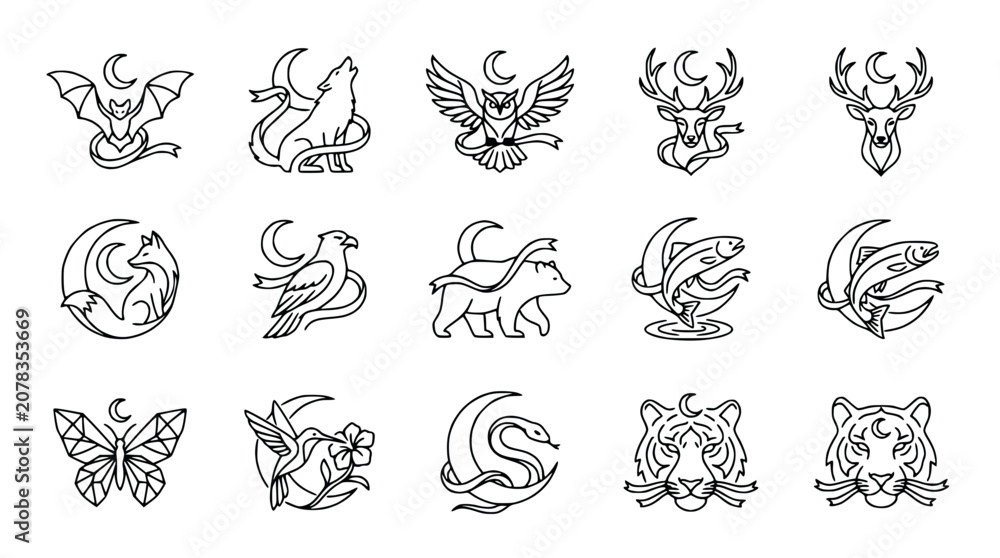 Fototapeta premium Esoteric Animal Moon Icons: Bat, Wolf, Owl, Deer, Fox, Eagle, Bear, Fish, Butterfly, Hummingbird, Snake, Tiger
