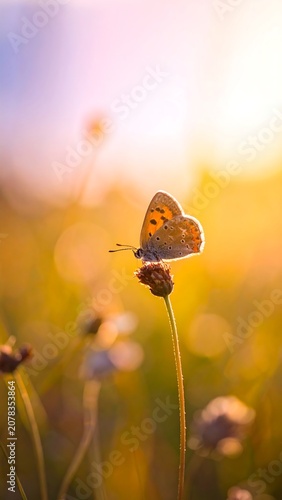 A serene butterfly perches on a delicate flower in a sun-kissed meadow