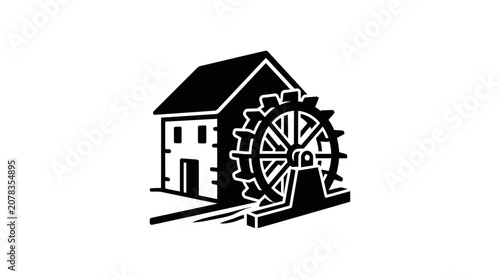 Vintage Watermill Building Icon, Industrial Revolution Era Technology