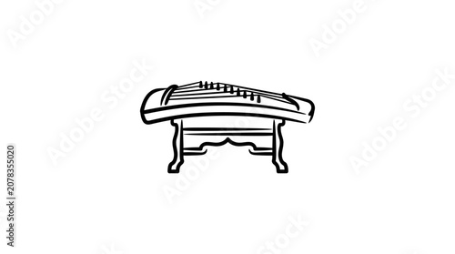 Quadro su tela Traditional Chinese Guzheng Instrument on Stand, Black and White Line Art