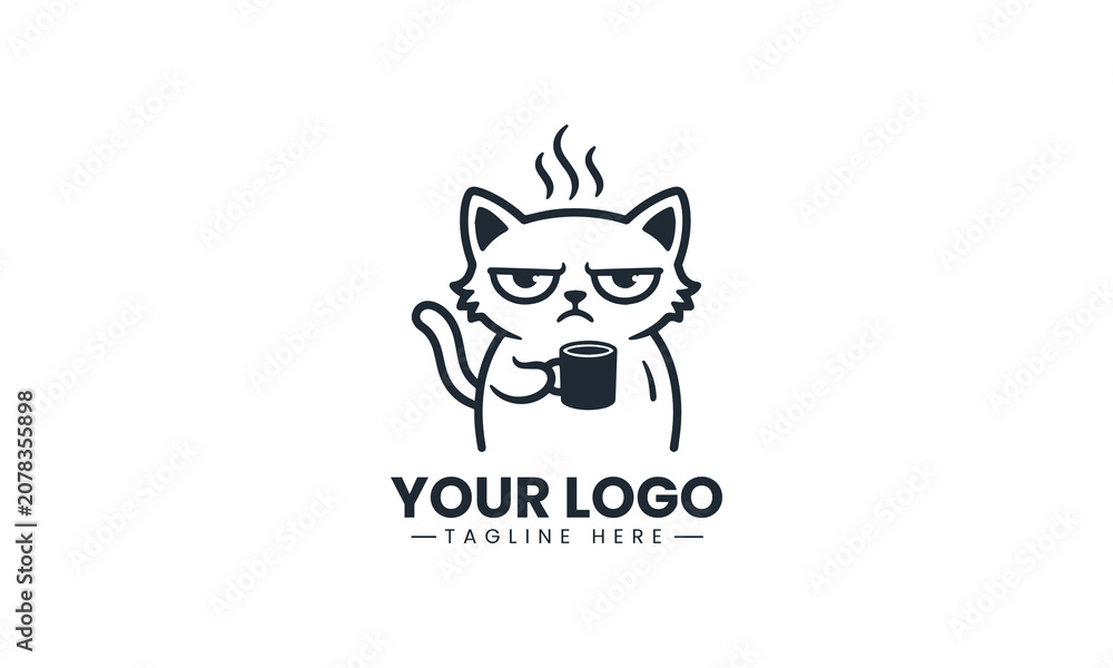 Fototapeta premium Grumpy coffee cat silhouette clean minimalist black vector logo