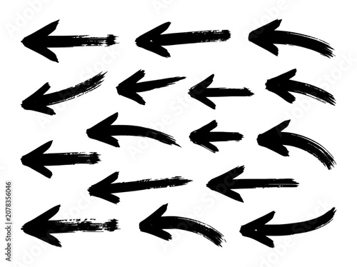 Arrows set of black directional icons with dynamic brush strokes, graphic design element for maps, interfaces, and motion concept