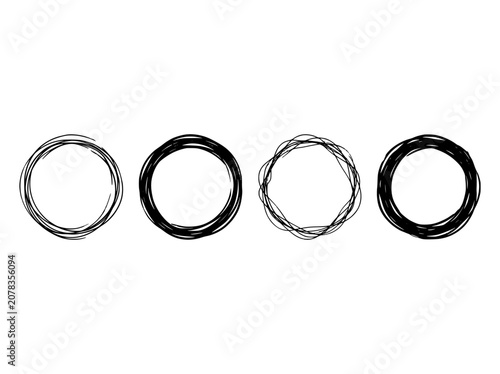 Hand-drawn circular line icons set with rough pencil texture, black ink outlines, and sketchy rings on black background