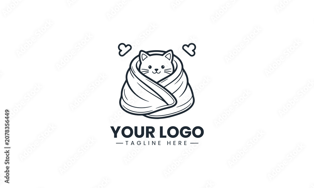 Naklejka premium Cute wrapped cat silhouette clean minimalist black vector logo