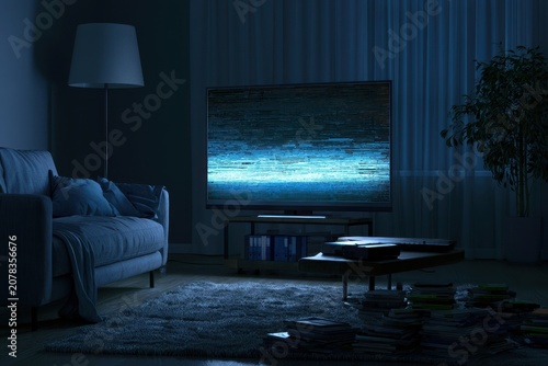 Television screen static in dark living room with moody cinematic lighting for entertainment industry marketing