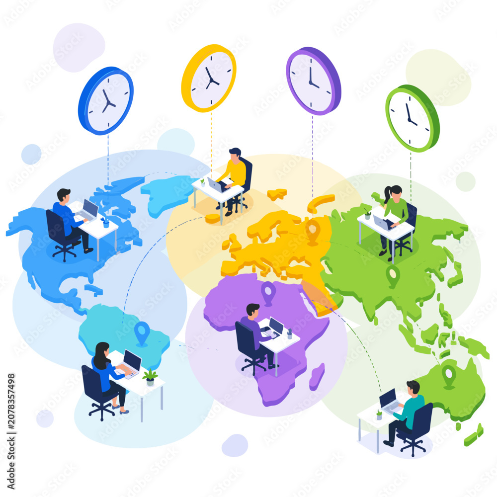 Naklejka premium Global Business Team Working with Clocks and Technology.