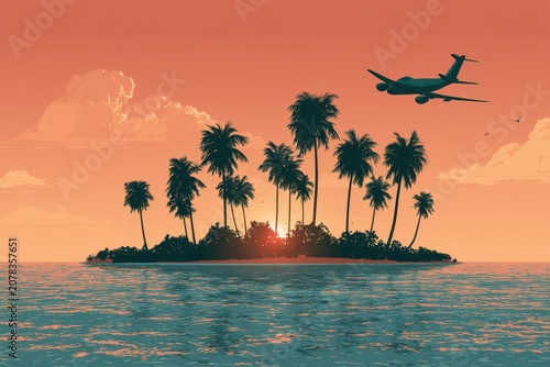Airplane flying over tropical island with palm trees during vibrant orange sunset for travel industry marketing