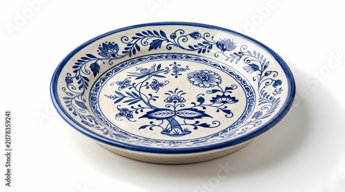 Blue and White Floral Patterned Ceramic Plate on White Background